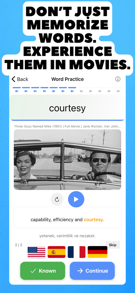 Lingosive - Learn With Videos - Interfaz de práctica de palabras de la aplicación móvil Lingosive mostrando un clip de escena de película para aprender la palabra cortesía en contexto