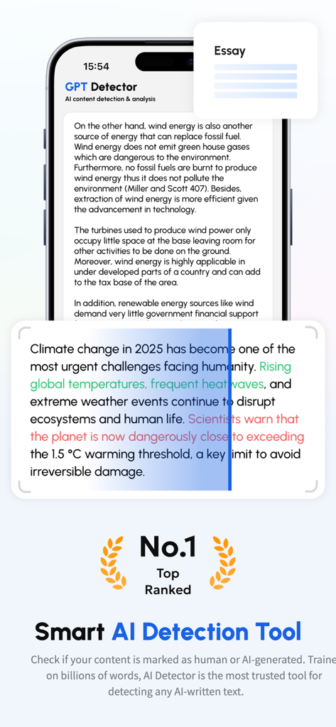 GPT Content Detector - Scan AI - Interface of the GPT Content Detector app showing AI text analysis and sentence highlighting on a smartphone.