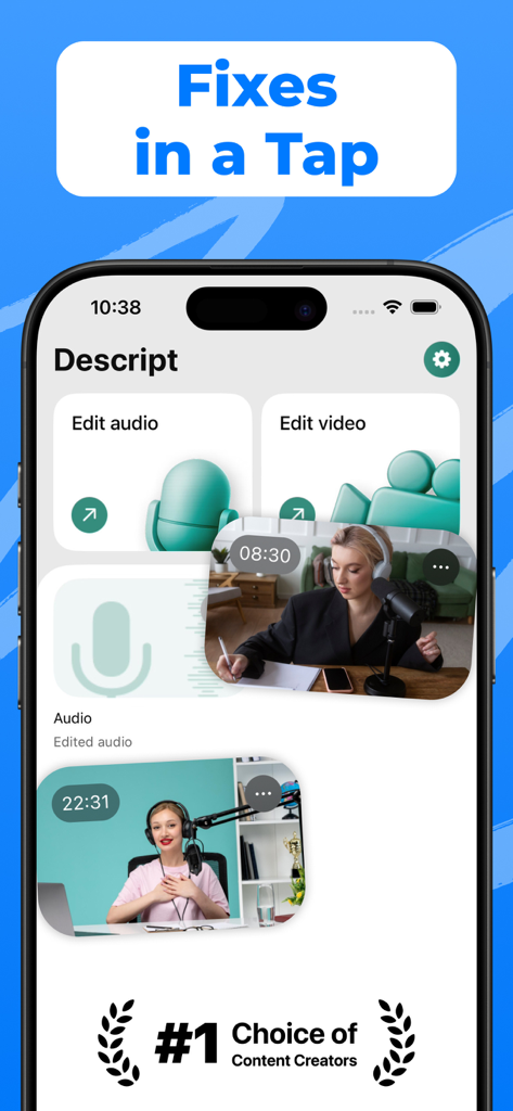 Descript AI - Audio Summaries - コンテンツクリエイター向けの音声と動画編集ツールを示すDescript AIモバイルアプリのインターフェース。