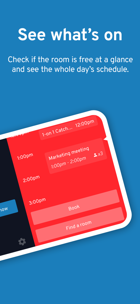 Dash - meeting room display - Dash App-Oberfläche, die einen Besprechungsraum-Zeitplan mit Schaltflächen zur Raumbuchung anzeigt