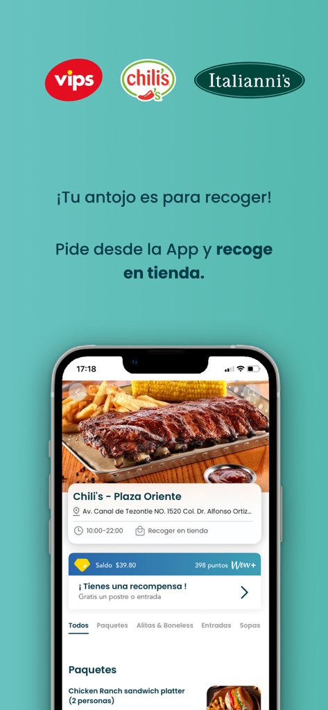 Wow+: ofertas en restaurantes - Interfaz de la aplicación móvil Wow plus que muestra el menú de Chili's y la opción de recogida en tienda para restaurantes Alsea.