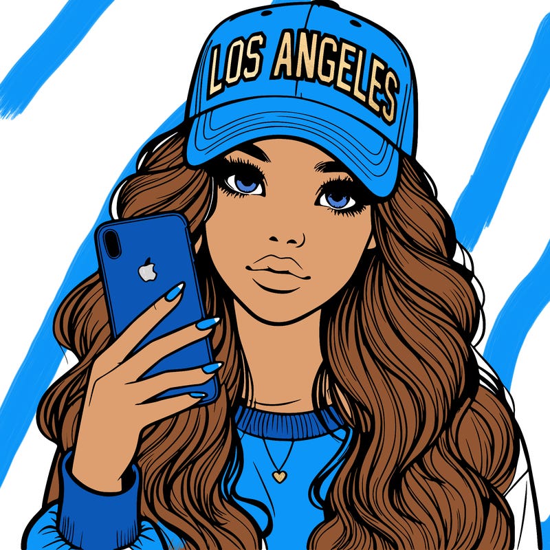 realistic beautiful girl wearing los ángeles cap holding an iphone