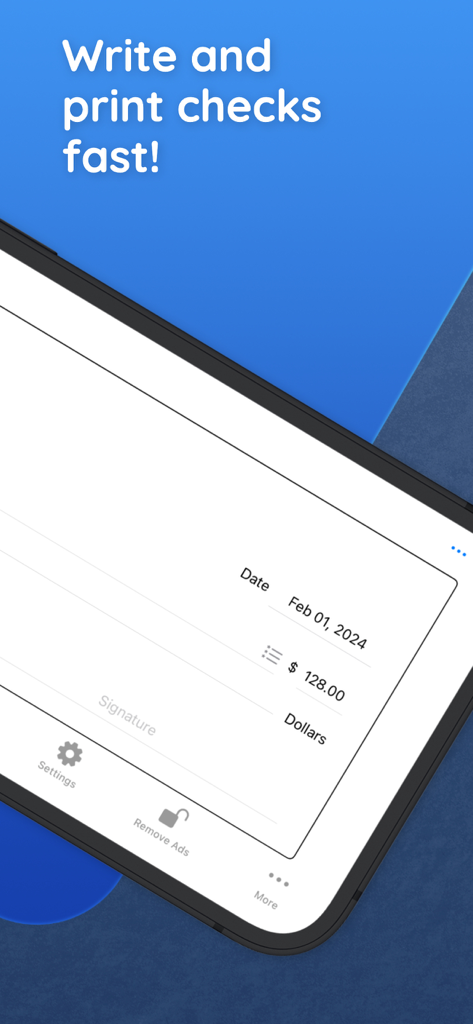 Mobile phone screen showing the digital check writing interface of Check Writer app