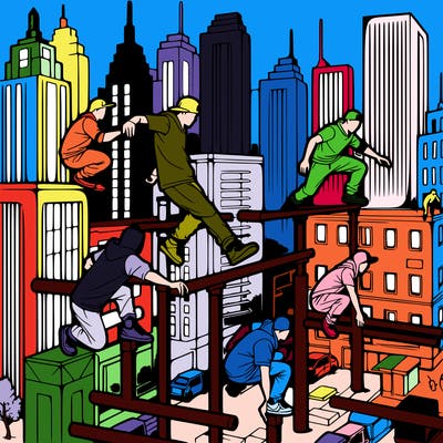 parkour athletes navigating a challenging cityscape