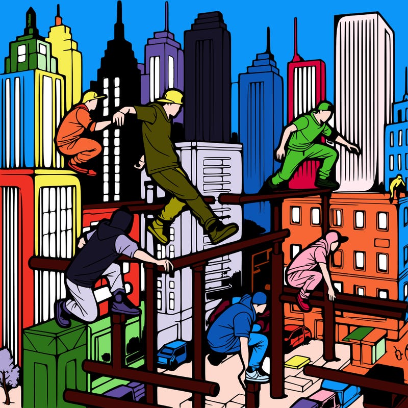 parkour athletes navigating a challenging cityscape