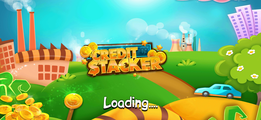 Loading screen for CreditStacker Pro app showing a colorful cartoon landscape with a factory and gold coins.