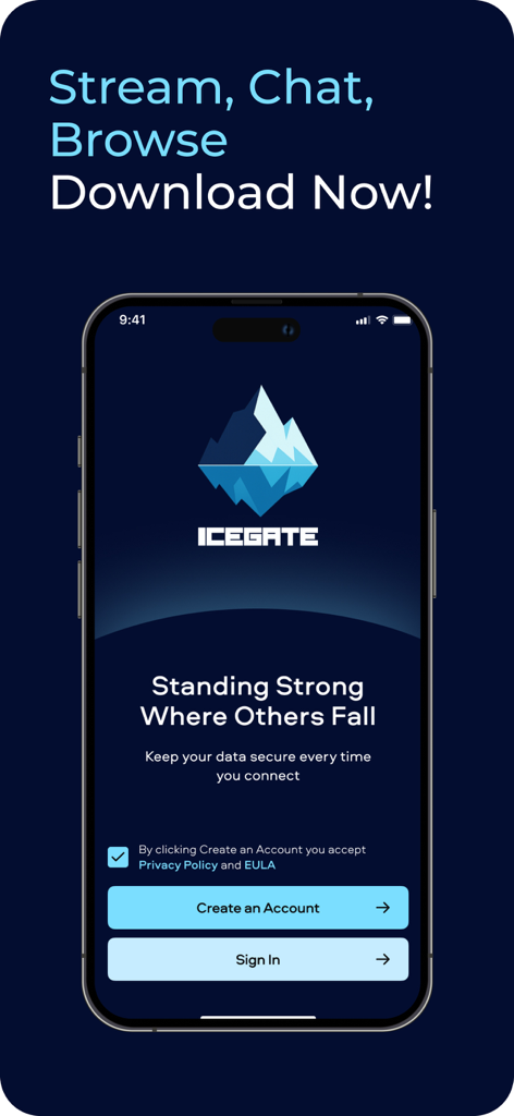Icegate VPN: Private & Secure - Icegate VPN app onboarding screen on a smartphone showing account creation and sign in buttons.