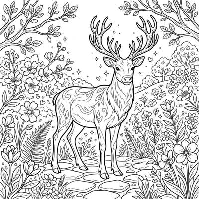 Step into a serene spring forest with this beautiful coloring page. A graceful female reindeer with impressive antlers awaits your creative touch amidst blooming flowers and lush foliage.