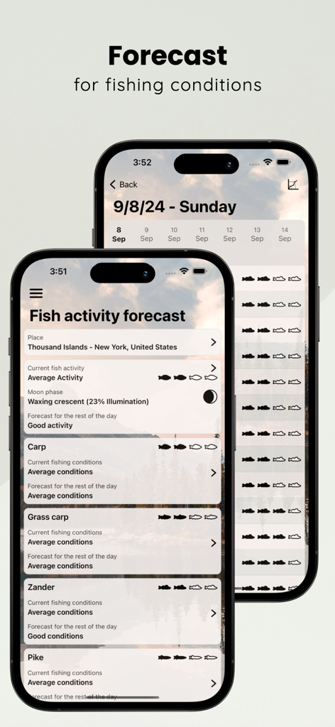 When to Fish - Fishing App - Fishing activity forecast screen in the When to Fish app showing species specific conditions