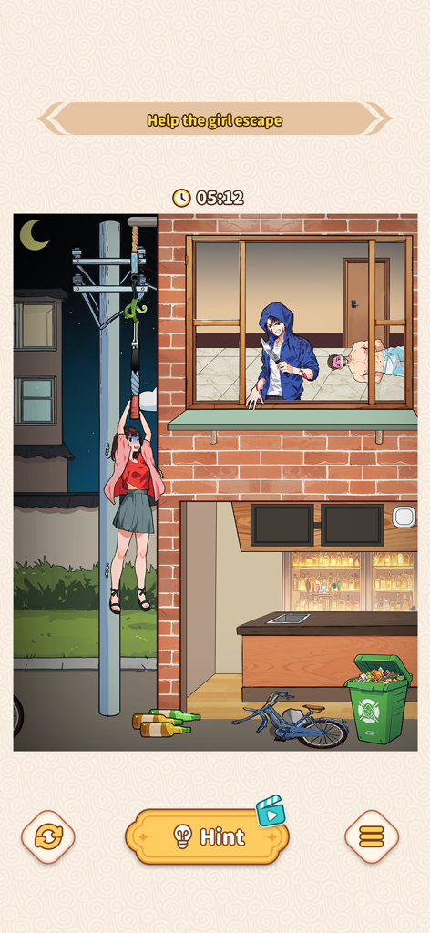 A cartoon puzzle level in Brain Puzzle Tricky Quest where a player must help a girl escape from a man with a knife while hanging from a utility pole.