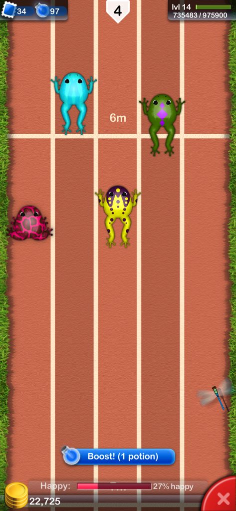 Cuatro ranas coloridas compitiendo en una carrera en una pista en el juego móvil Pocket Frogs