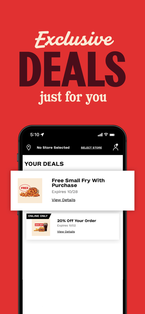 Tela do app móvel Arbys mostrando ofertas exclusivas, incluindo uma batata frita pequena grátis na compra e vinte por cento de desconto no seu pedido