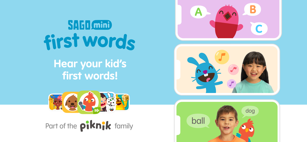 Sago Mini First Words app interface showing educational speech games and video modeling for toddlers