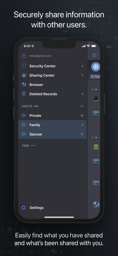 mSecure app interface showing the Sharing Center with Private, Family, and Spouse vaults for secure data sharing.