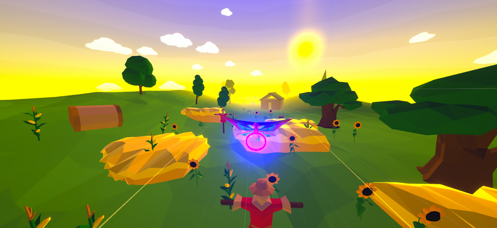 Un avión de papel brillante vuela a través de un anillo de neón en un campo de baja poligonización con girasoles y un espantapájaros al atardecer