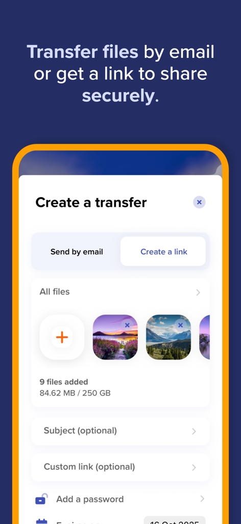 TransferNow app interface for sending large files via email or secure link