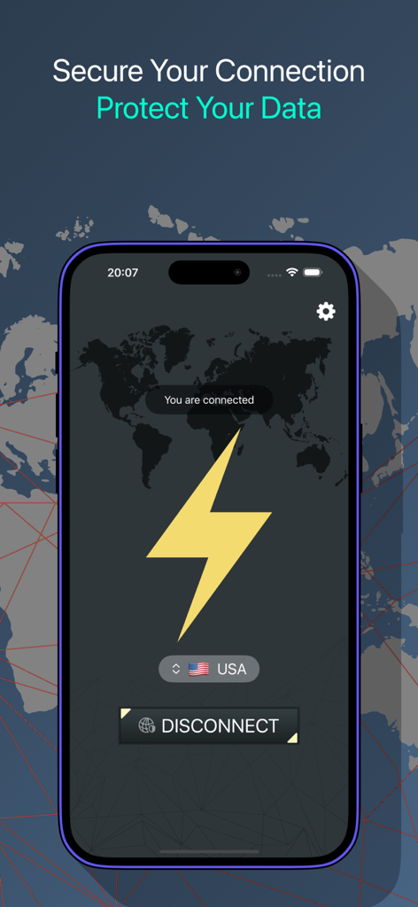 Unblock Master VPN mobile app interface on iPhone showing a secure connection to a USA server with a lightning bolt icon