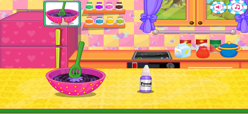 Cakes Maker : Cooking Desserts - Cartoon kitchen simulation showing a pink bowl of purple cake batter with a bottle of food coloring