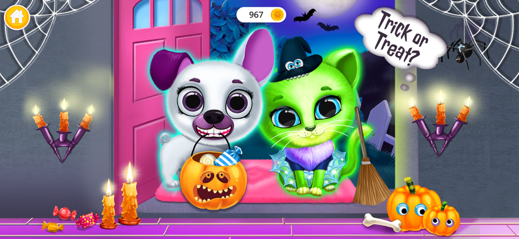 Kiki & Fifi Halloween Makeover - A white puppy and a green kitten in Halloween costumes holding a candy bucket in front of a spooky door.