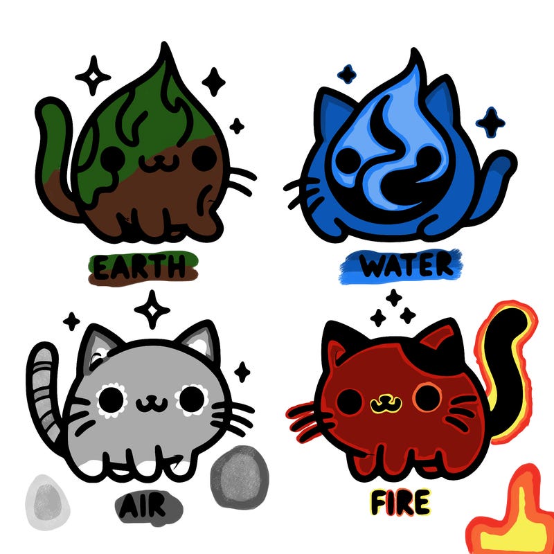 4 cats that represent the different elements, earth, water, air, and fire