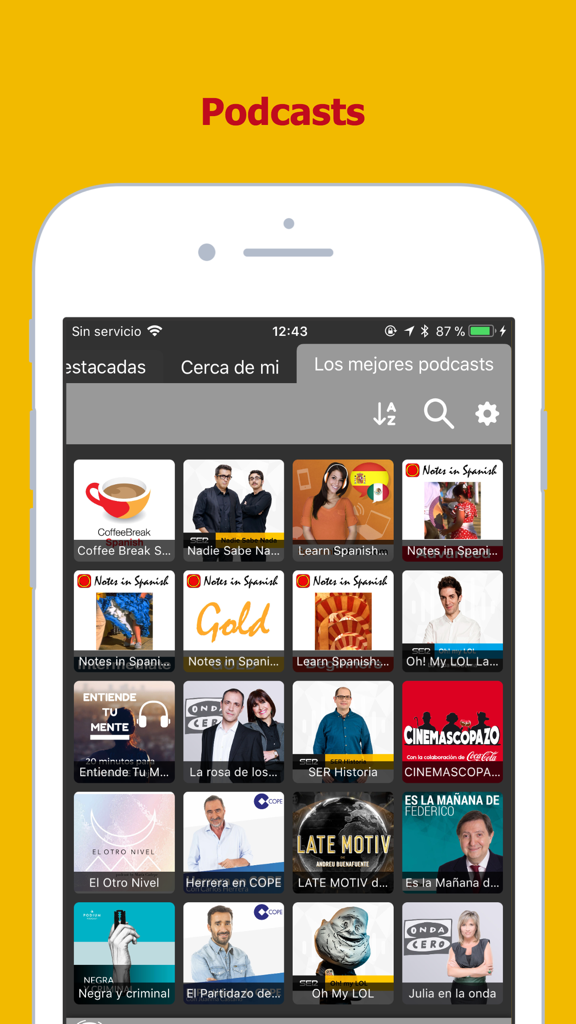 Eine Rasteransicht beliebter spanischer Podcasts in der Radios de España App.