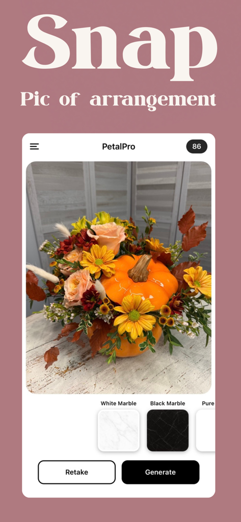 PetalPro: Florist Photo Editor - PetalPro app screen displaying a floral arrangement with a pumpkin and background editing tools.