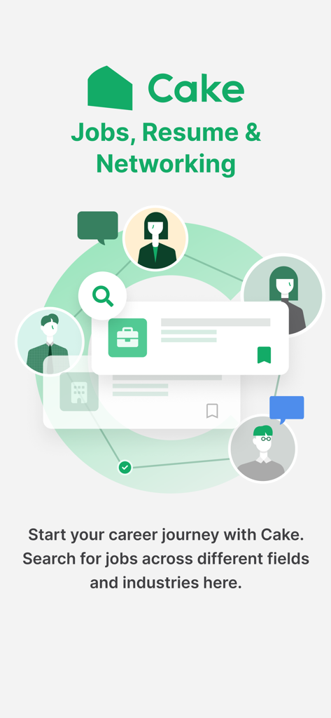 Cake: Job, Resume & Networking - 케이크 앱 인터페이스는 현대 경력 구직자를 위한 구직 및 전문 네트워킹 기능을 표시합니다.