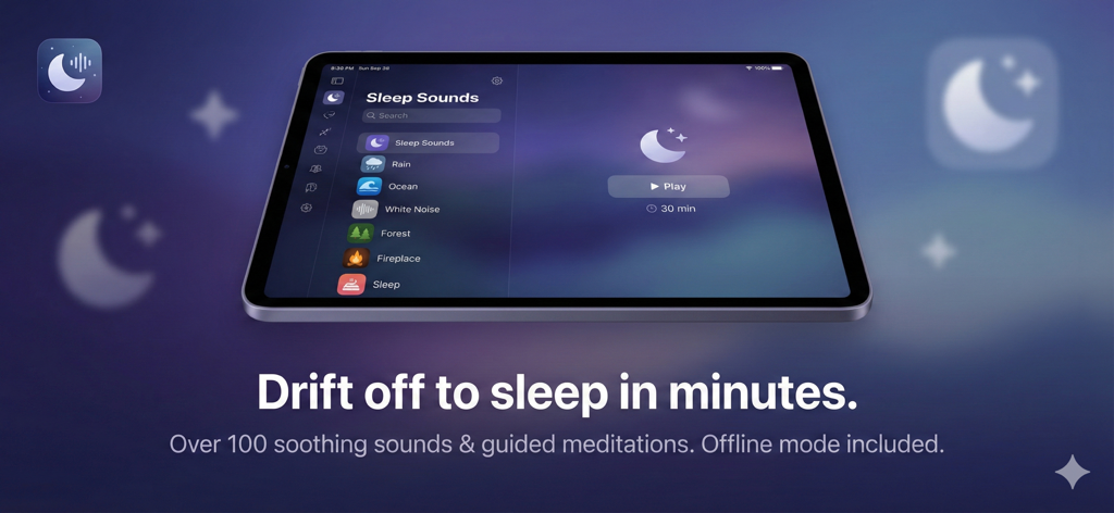 Sleepo: Sleep Sounds & Relax - Sleepo app interface on a tablet displaying various sleep sounds like rain and white noise with a smart timer.