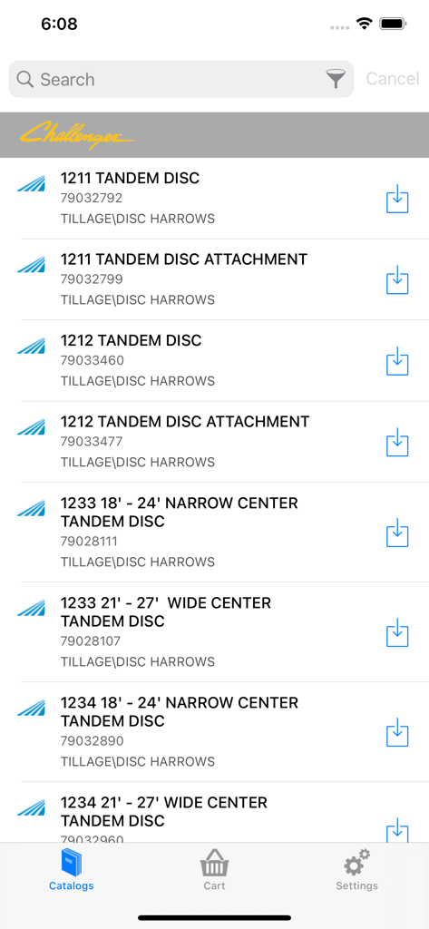 Search results for Challenger brand tandem disc parts catalogs in the AGCO app