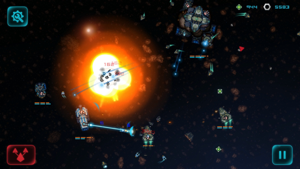 Intense real-time space battle in Battlevoid Harbinger featuring pixel art ships and large explosions