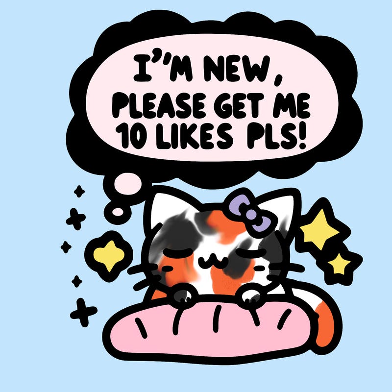 kitty taking a nap dream talking and saying "i'm new, please get me at least 10 likes pls!!"