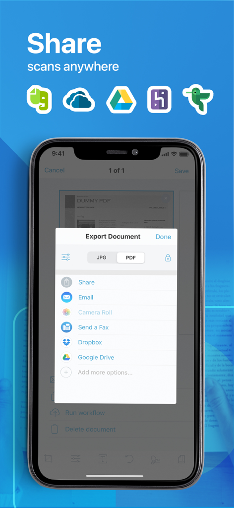 メール、Dropbox、Google Driveを介してPDFおよびJPGファイルを共有するためのドキュメントエクスポートオプションを示すモバイル画面。