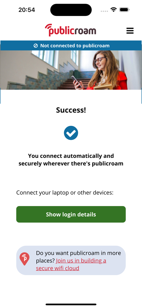 publicroam - Publicroam App-Bildschirm mit Bestätigung einer erfolgreichen automatischen und sicheren WLAN-Verbindung.