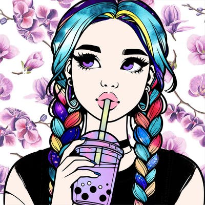 realistic girl with braided hair drinking boba