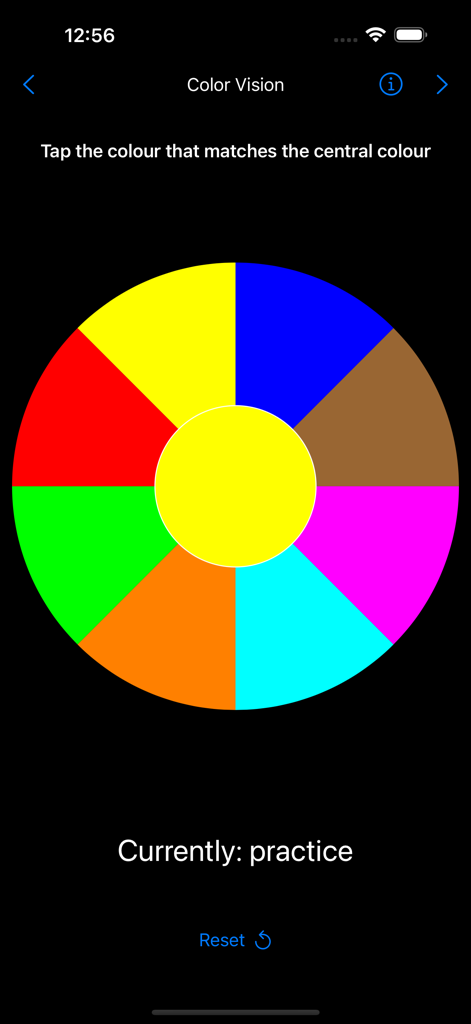 EyeMate - EyeMate app interface displaying a color vision matching test with a central color and a surrounding multi-colored wheel.