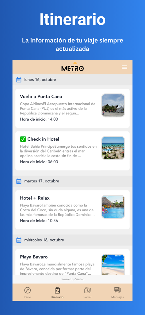 Viaxlab - Viaxlab mobile app displaying a travel itinerary with flight details, hotel check-ins, and daily activities