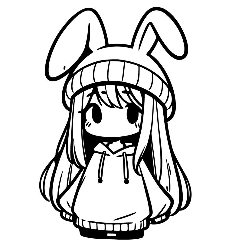 a girl wearing a bunny hat and a oversized sweatshirt