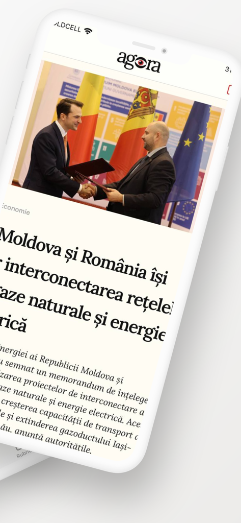 Agora.md - La aplicación móvil Agora.md que muestra un artículo de noticias sobre la interconexión energética entre Moldavia y Rumanía