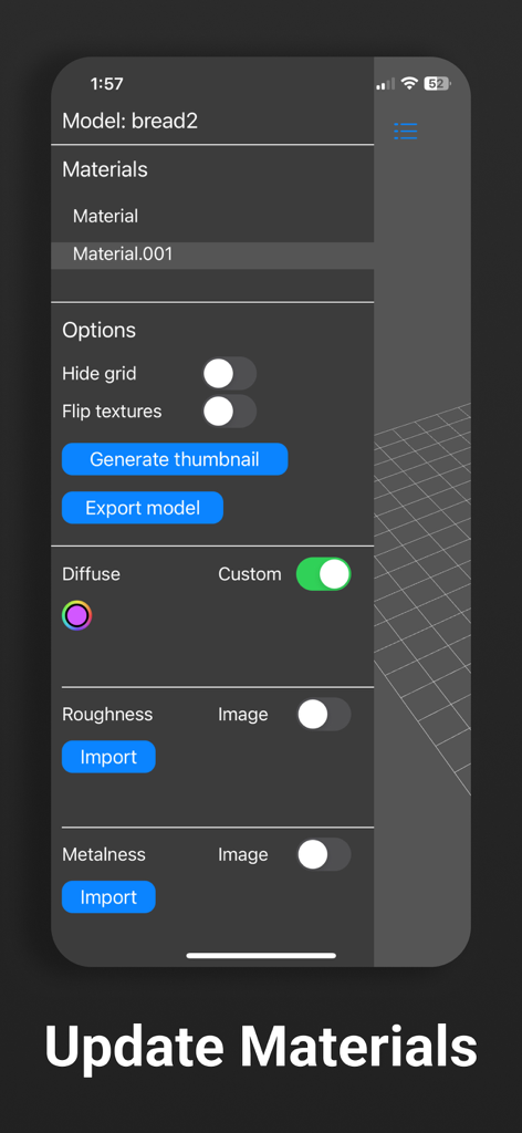 Reality OBJ: USDZ Converter - Interface of the Reality OBJ app showing options to update 3D model materials including diffuse, roughness, and metalness.