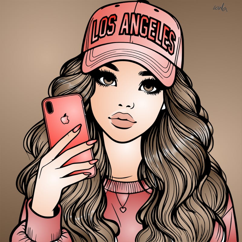 realistic beautiful girl wearing los ángeles cap holding an iphone