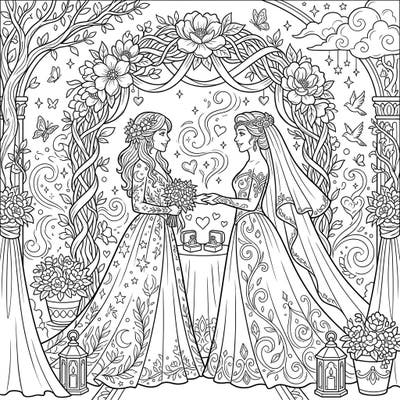 Step into a world where magic and love intertwine with this enchanting wedding coloring page. Featuring two elegant enchantress brides, this design offers a delightful and intricate coloring experience.