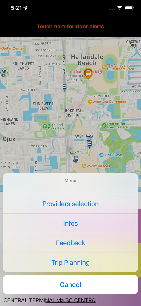 MyRide Broward - Map view of MyRide Broward app with an open menu showing transit options like trip planning and provider selection