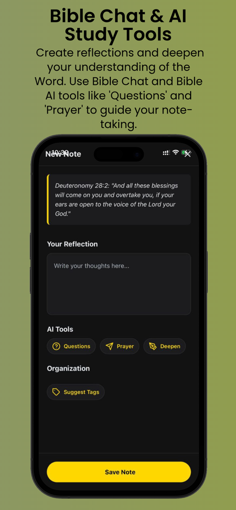 Interfaz de la aplicación BibleAI que muestra una pantalla de nota nueva con una reflexión de versículos bíblicos y herramientas de IA para la oración y el estudio.