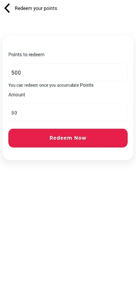 Interface of Al Madina UAE app showing the point redemption screen where users can enter points to convert into a reward amount.