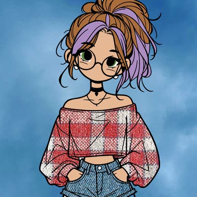 girl with a messy ponytail glasses a baggy crop top and jean shorts