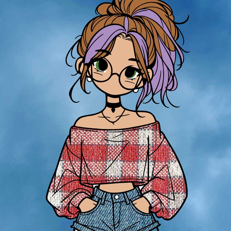 girl with a messy ponytail glasses a baggy crop top and jean shorts