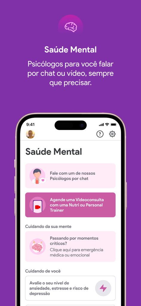 Clude - Interfaccia dell'app Clude che mostra la sezione salute mentale con chat e opzioni di consultazione video con psicologi