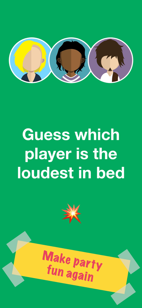 Pin-up: Dirty House Party Game - Captura de pantalla del juego de fiesta Pin-up con la pregunta Adivina qué jugador es el más ruidoso en la cama