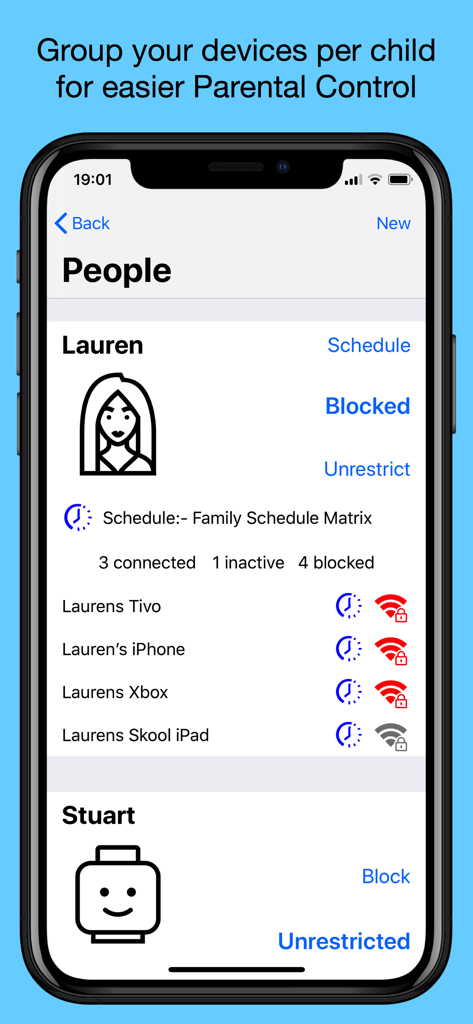 WiFi Blocker - WiFi Blocker interface showing internet access control for specific household members and their devices.