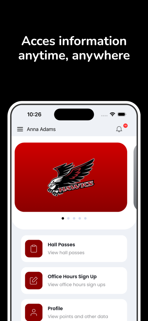 Interface of the 5-Star Students app displaying hall passes, office hours sign up, and student profile features.